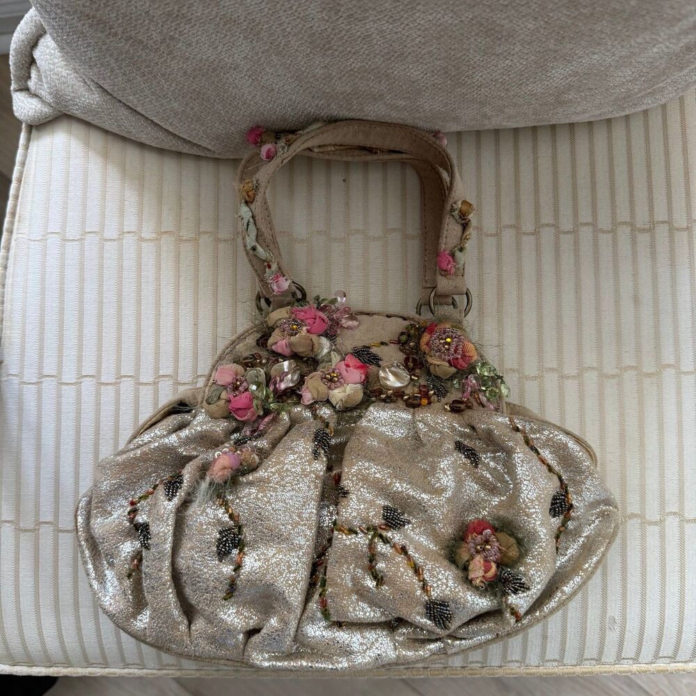 Mary Frances Vintage Embroidered Floral Beaded Handbag Metallic Gold/silver